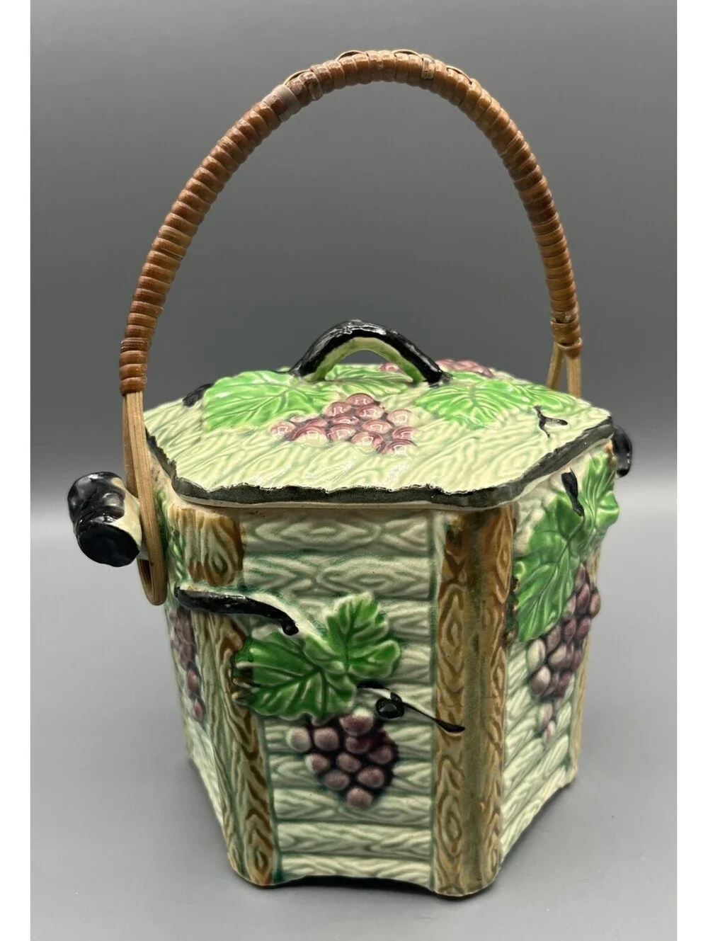 Vintage Japan Majolica Biscuit Cookie Jar Grape Vine Basket Handle Ceramic Lid